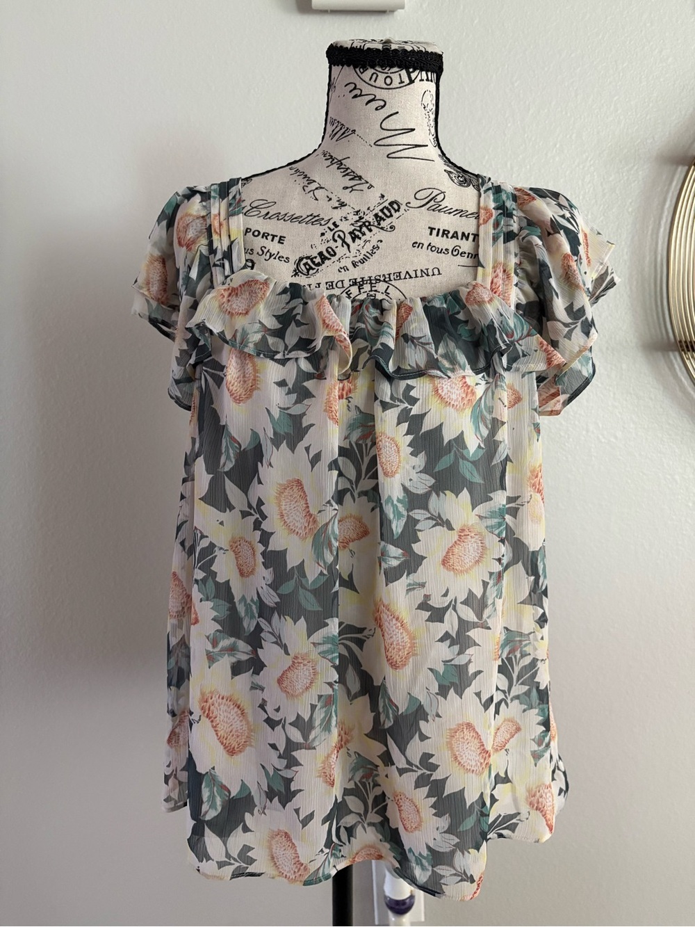 LC Lauren Conrad Floral Ruffle Yoke Blouse - Cream, Green & Peach